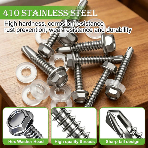 370 Piece Job Site Staple 410 Stainless Steel Number 8 By 3/4 Inch Hex Washer Head Self Drilling Screw Kit with washers on wooden background.