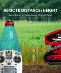 Automatic Remote Control Lawn Mower With Multifunction Mowing Robot For All Terrain Grass On 45 Degree Slopes shown with remote and grass height calibration