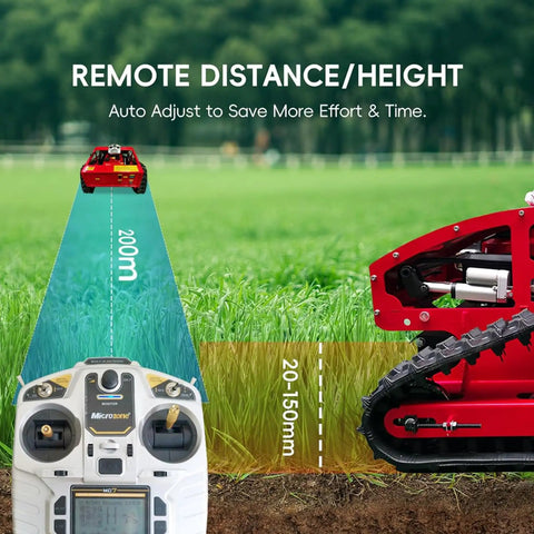 Automatic Remote Control Lawn Mower With Multifunction Mowing Robot For All Terrain Grass On 45 Degree Slopes shown with remote and grass height calibration