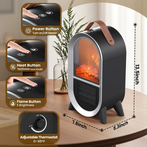 Portable Electric Fireplace Heater For Indoor Use With 1500W High And 750W Low Settings Realistic 3D Flame Thermostat Black