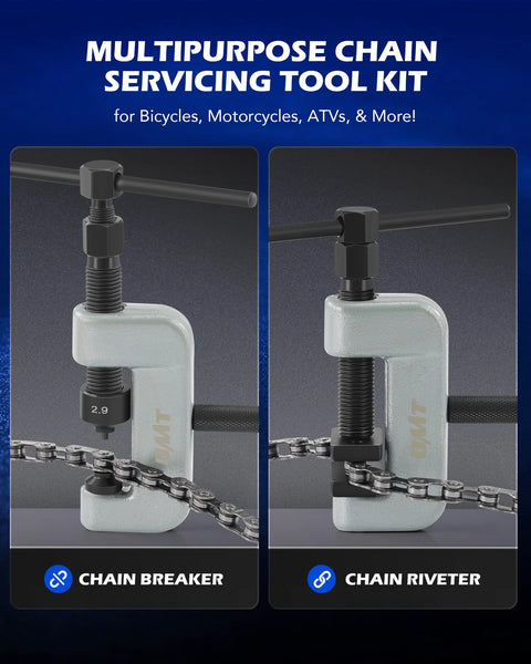 Orion Motor Tech 19pc chain tool kit: gray C-frame chain breaker and riveter shown in a two-panel display