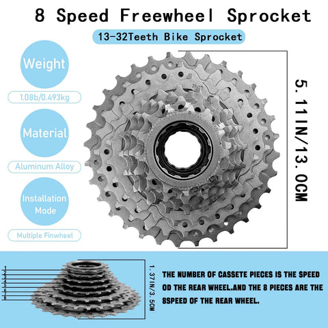 8 Speed Bike Freewheel 13 32T for Mountain Folding and Commuter Bikes, steel freewheel with specifications displayed