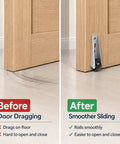 Comparison image showing quick fix for sagging door with roller casters; before dragging vs after smooth glide upgrade.