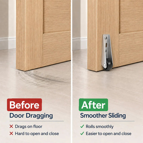 Comparison image showing quick fix for sagging door with roller casters; before dragging vs after smooth glide upgrade.