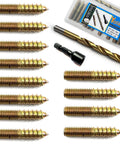 12 Pack Three Eighths Inch By Sixteen Threads Hanger Bolts With Pro Grade Alloy Steel Driver And HSS Twist Drill displayed in packaging