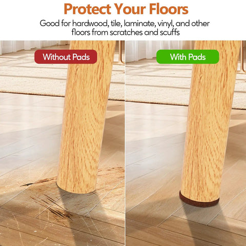 Comparative image showing 300 Piece Sweet Assorted Furniture Felt Pads Brown Non Scratch Floor Protectors on furniture legs.