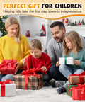 Family of four with kids excitedly opening festive gifts during Christmas, celebrating independent moments together.