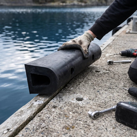 Black D Type Heavy Duty Rubber Fender 100mm Diameter By 1000mm Length being installed on dock edge