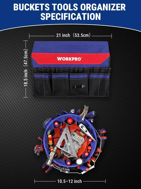 Top view of Bucket Tool Organizer With 51 Pockets fits 3.5 to 5-gallon buckets, showing tools inside, waterproof tear-proof 600D polyester.