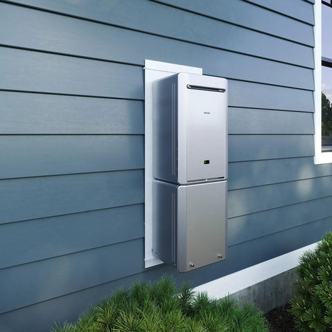 Natural Gas Tankless Water Heater Featuring Smart Circ Recirculation Pump That Syncs To Your Daily Grind For Always Hot Taps mounted on wall.