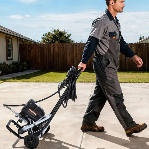 Gonna Save Your Arms For This Stand Airless Paint Sprayer 3000 Psi 650W being pushed on a wheeled cart by a man in a gray outfit.