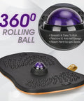 Close-up of black wobble board with purple massage ball for standing desk, anti fatigue foam pad, and 19 inch balance mat.