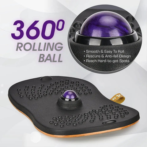 Close-up of black wobble board with purple massage ball for standing desk, anti fatigue foam pad, and 19 inch balance mat.