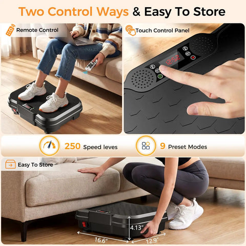Person using Vibration Plate Exercise Machine for lymphatic drainage and weight loss with remote control and touch panel, easy to store under furniture