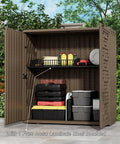 Weatherproof Indoor Outdoor Storage Cabinet With Doors And Shelf Easy Setup 34 By 16 By 36 Inches HDPE Plastic Storage Cabinet For Patio Balcony Tools Multi Purpose Organizer Brown shown open with tools inside