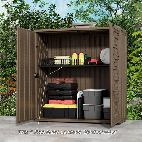 Weatherproof Indoor Outdoor Storage Cabinet With Doors And Shelf Easy Setup 34 By 16 By 36 Inches HDPE Plastic Storage Cabinet For Patio Balcony Tools Multi Purpose Organizer Brown shown open with tools inside