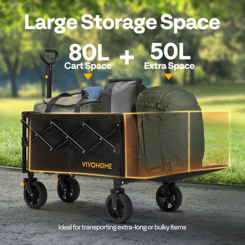 Collapsible Heavy Duty Utility Wagon With Tailgate And Cup Holders 130L Capacity 320 Lb Load All Terrain Wheels in use outdoors