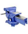 Heavy Duty 4 Inch Bench Vise With 360 Degree Swivel Locking Base Desktop Clamp in blue cast steel, side angle view.