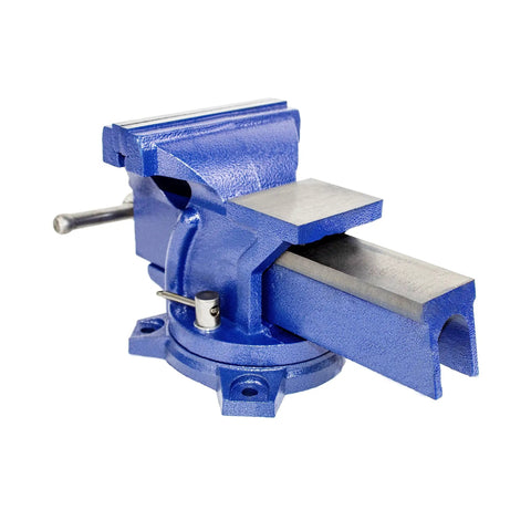 Heavy Duty 4 Inch Bench Vise With 360 Degree Swivel Locking Base Desktop Clamp in blue cast steel, side angle view.