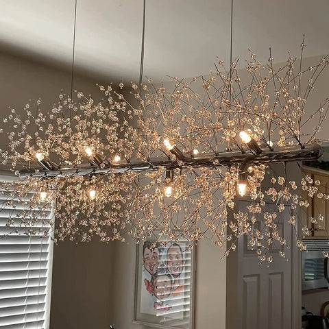 Modern Crystal Firework Chandelier, Linear LED Pendant Light For Dining Room, Bedroom And Living Room, Chrome Dandelion Fixture