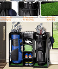 Wooden Golf Storage Organizer for Garage with Premium Bag Holder Rack fits two bags with hooks and turf mat, dark black finish.