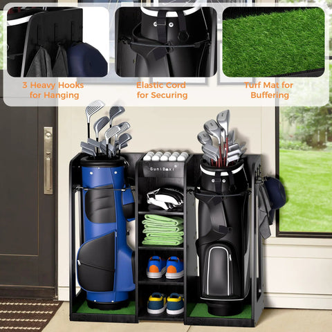 Wooden Golf Storage Organizer for Garage with Premium Bag Holder Rack fits two bags with hooks and turf mat, dark black finish.
