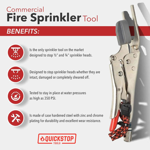 Emergency Fire Sprinkler Shutoff Wrench To Save Your Hide From Rogue Water Leaks Hella Quick Fix Works Flawlessly On Upright Pendant Sidewall And Recessed Ceiling Heads For Business Spaces, showing a commercial fire sprinkler tool with a grip handle.