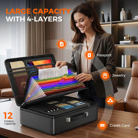 Woman using Go To Fireproof Document Box With Lock Built Like A Tank Safe For Home Use Detachable Accordion File Organizer