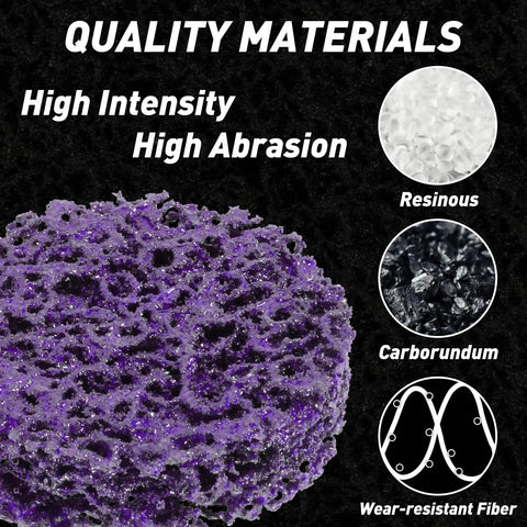 Close-up of purple sanding disc material, highlighting resinois, carborundum, and wear-resistant fiber.