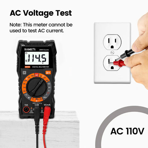 Digital Multimeter With Carrying Case For Home And Auto Use Tests DC And AC Voltage, showing AC voltage test on outlet.