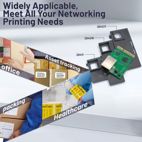 Heavy Duty Wired Ethernet Module For Zebra ZD421 ZD411 ZD611 Label Printer displayed with application contexts for office and healthcare settings.