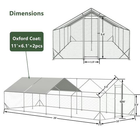 Walk-In Metal Chicken Coop With Waterproof UV Cover, Spacious 10 ft L by 26 ft W by 6.56 ft H diagram with dimensions