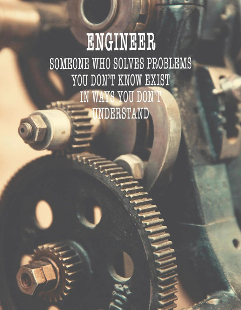 Close-up of mechanical gears with engineering quote, perfect for Engineering Nerd Gift Journal For Students And Pros.