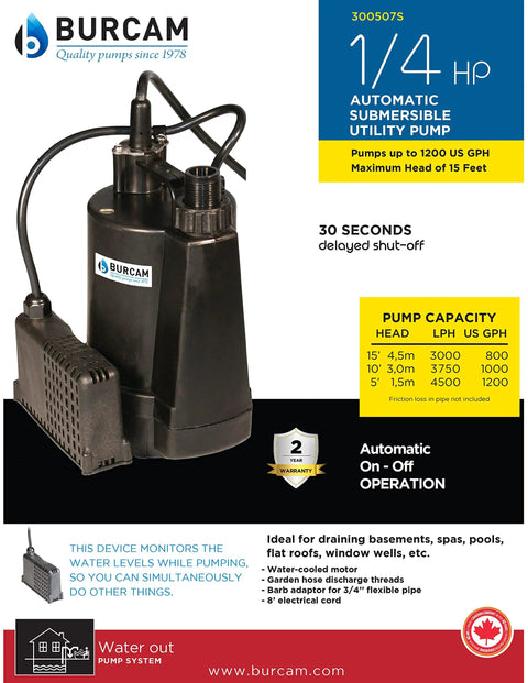 One Quarter Horsepower Automatic Utility Pump For Basements Spas Small Pools Flat Roofs And Window Wells With Auto Shutoff For Hands Free Drainage And Effortless Water Removal visible with specifications