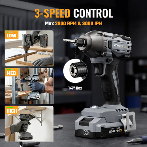 Pro Grade Two Speed Cordless Drill And Impact Driver Combo Kit With Two Long Lasting Lithium Ion Batteries Hella Tough Heavy Duty Power Tool Set showcasing 3-speed control and 1/4" hex.