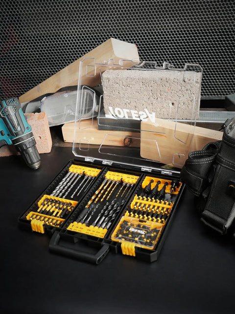 Badass 105 Piece Titanium Drill Bit Set With High Speed Steel Screwdriver Bits And Countersink Tool No Nonsense Design showcased in organizer case.