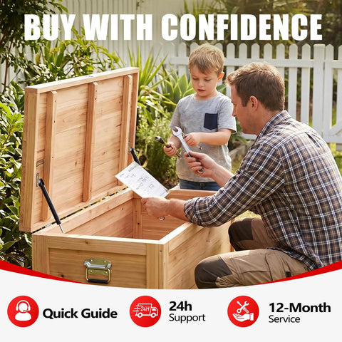 Father and son installing 7 Inch 18 Lb Gas Struts For RV Cabinet Doors With Brackets Set Of 2 on a wooden storage box outdoors.