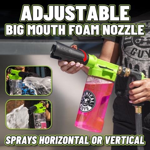 Person holding Arsenal Builder Car Wash Kit With Foam Gun, Bucket, And Three Car Care Liquids For Thick Clingy Suds That Last