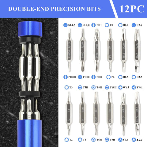 All-In-One Pen Style Precision Screwdriver Set With 12 Double-Ended Bits S2 Steel For Eyeglasses, Watches, Jewelry And Electronics