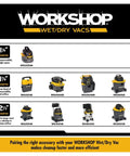 Lineup of WORKSHOP wet/dry vacuums in various sizes, showing 1-1/4 inch, 1-7/8 inch, and 2-1/2 inch models, highlighting maneuverability and capacity.