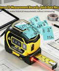 3-in-1 Laser Tape Measure with Cross Line Level,40m/131ft Laser Distance Meter,5m Auto-Lock Tape Measure,Digital Measuring Tool for Area/Volume/Pythagorean,ft/in/m Unit Switch–Yellow showing stored measurement data and laser.