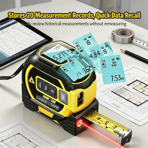 3-in-1 Laser Tape Measure with Cross Line Level,40m/131ft Laser Distance Meter,5m Auto-Lock Tape Measure,Digital Measuring Tool for Area/Volume/Pythagorean,ft/in/m Unit Switch–Yellow showing stored measurement data and laser.