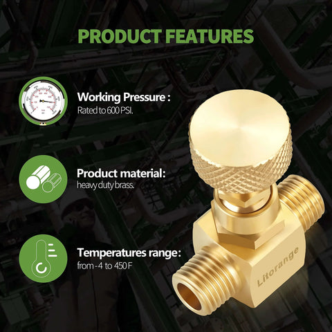Litorange brass needle valve, 2-pack, heavy-duty, 1/4 in NPT male to 1/4 in NPT female