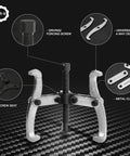Heavy Duty 3 Inch 3 Jaw Gear Puller Fully Assembled For Gears Pulleys Bearings And Flywheels Works With Wrench Or Ratchet Cr V Steel Tough Auto Repair Tool showing components labeled driving screw, universal design, screw seat, metal clip.
