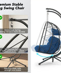 Two Seater Wicker Hanging Egg Chair With Stand 700 Lb Capacity Indoor Outdoor Double Swing Hammock Dark Blue with detailed features