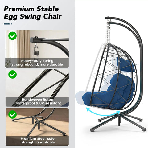 Two Seater Wicker Hanging Egg Chair With Stand 700 Lb Capacity Indoor Outdoor Double Swing Hammock Dark Blue with detailed features
