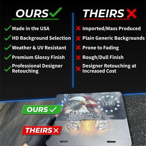 Custom aluminum front license plate with clear comparison of quality features, 6x12 inches, made in the USA.