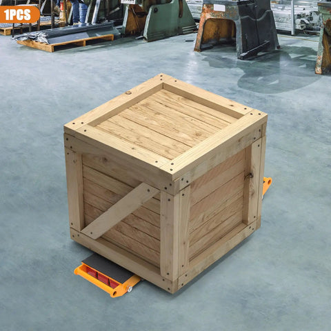 Heavy Duty Machine Dolly With 9 Rotating Skates For Industrial Machinery Moving Featuring Non Slip Belt And Alloy Steel Plate Base To Lift And Transport Heavy Equipment Up To 15 Tons In Warehouses Safely under a wooden crate.