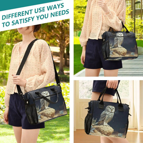 Woman holding Owl Desert Landscape Insulated Lunch Bag For Women Large Leakproof Portable Cooler Tote