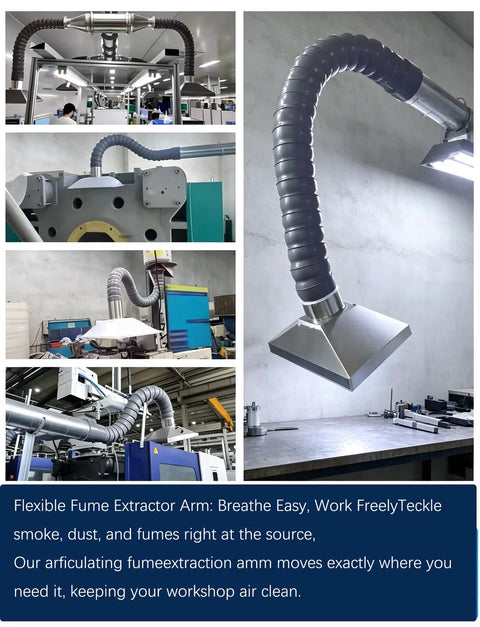 Super Slick 360 Degree Adjustable Solder Fume Extractor And Flexible Articulated Dust Collection Arm with bamboo hose in workshop.